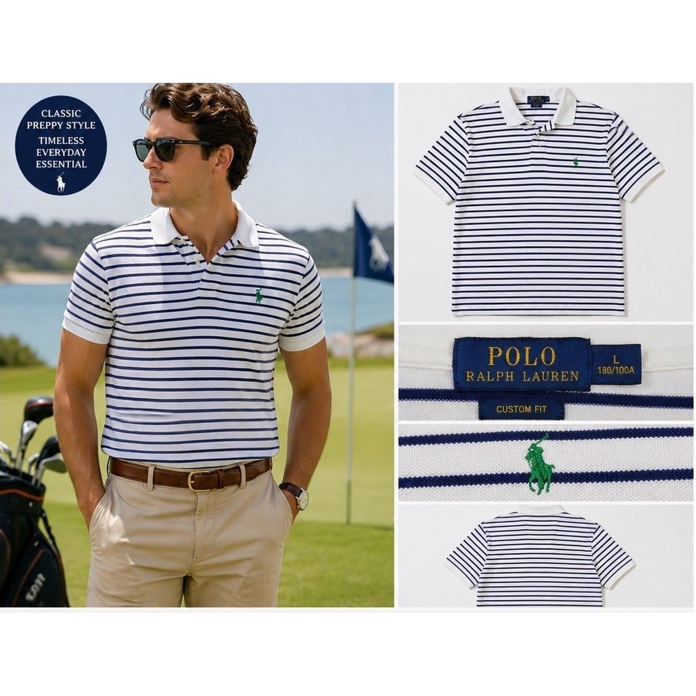 Polo Ralph Lauren Polo Shirt Mens L White Navy Blue Striped‎ Custom Fit Preppy